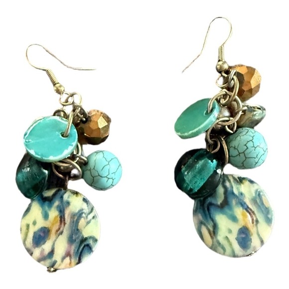 Jewelry - Turquoise stone Gold Dangle Earrings Boho Circle Disk Blue Bohemian